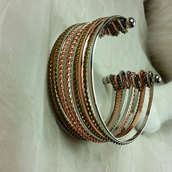 Tri-Tone Wire Cuff Bangle Bracelet Silver Gold Copper Twisted Metal Boho Chic - Picture 7 of 7